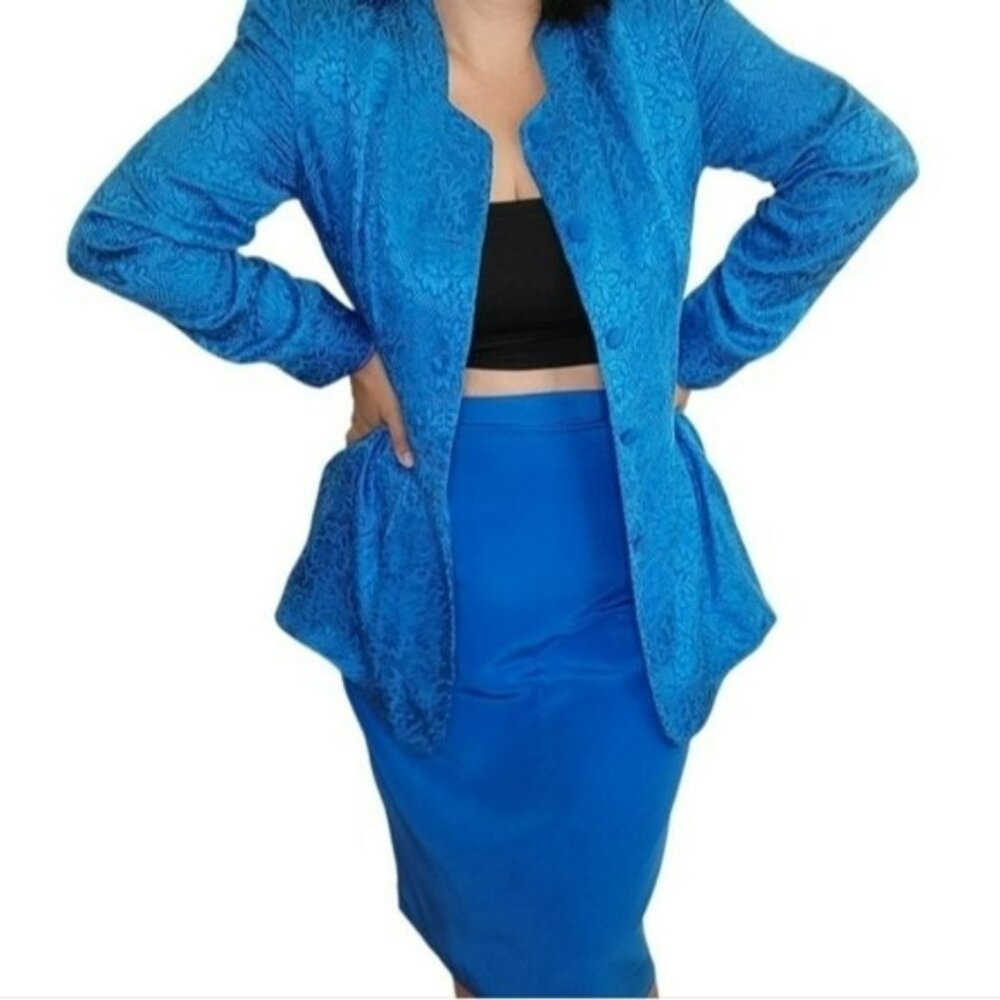 VTG 80s Maggy London 100% Silk Royal Blue 2 pc Skirt Set Medium Floral Detail